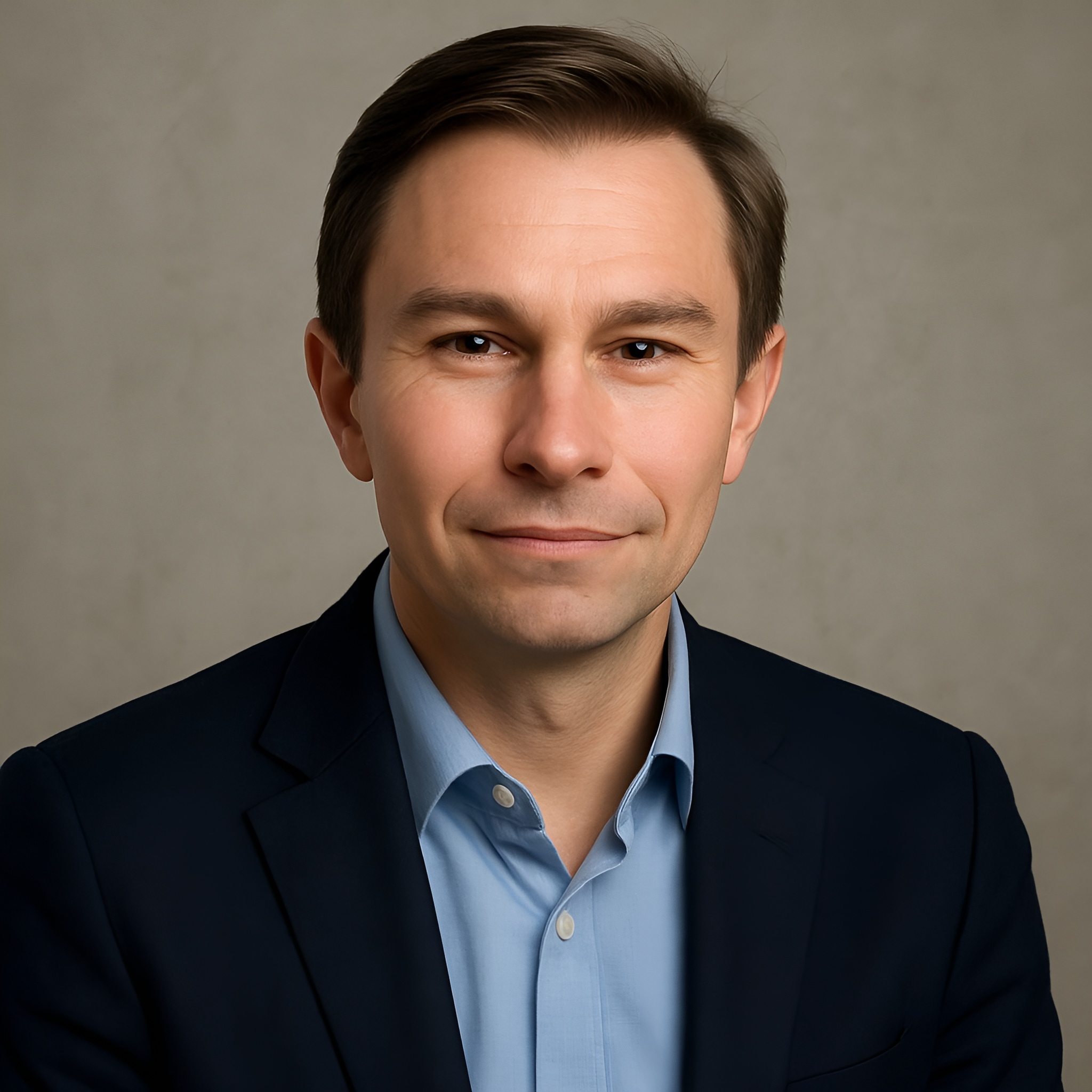 Realistic portrait of a man inspired by Dr. David Sinclair, wearing a light blue suit and standing confidently in a futuristic, glass-walled environment.