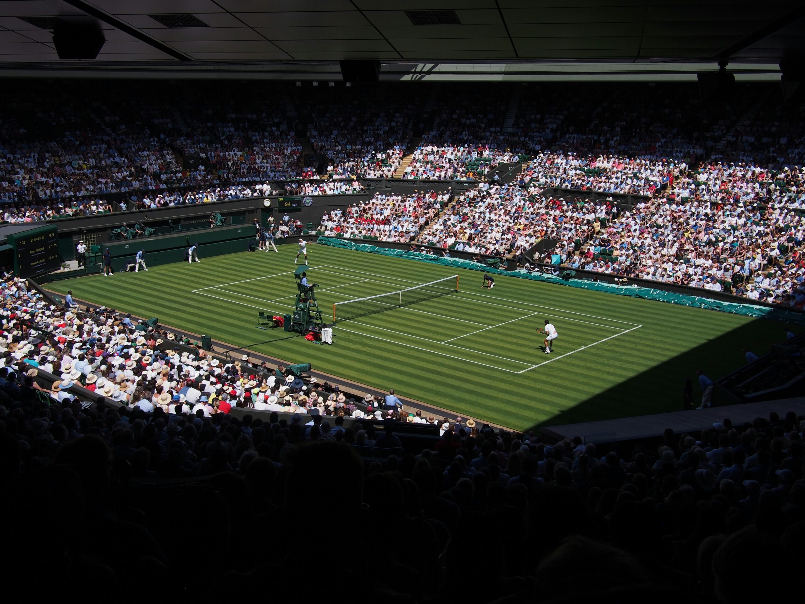 A tennis match at Wimbledon. Tennis is pictured because it is the most effective longevity sport.