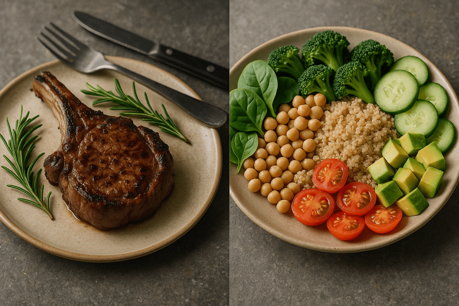 This image showing a cooked lamb chop and a vegan diets bowl with vegetables and quinoa on the other, visually representing the topic "Eating Lamb vs. Vegan Diets: Which Is Better for Healthy Aging and Longevity?"