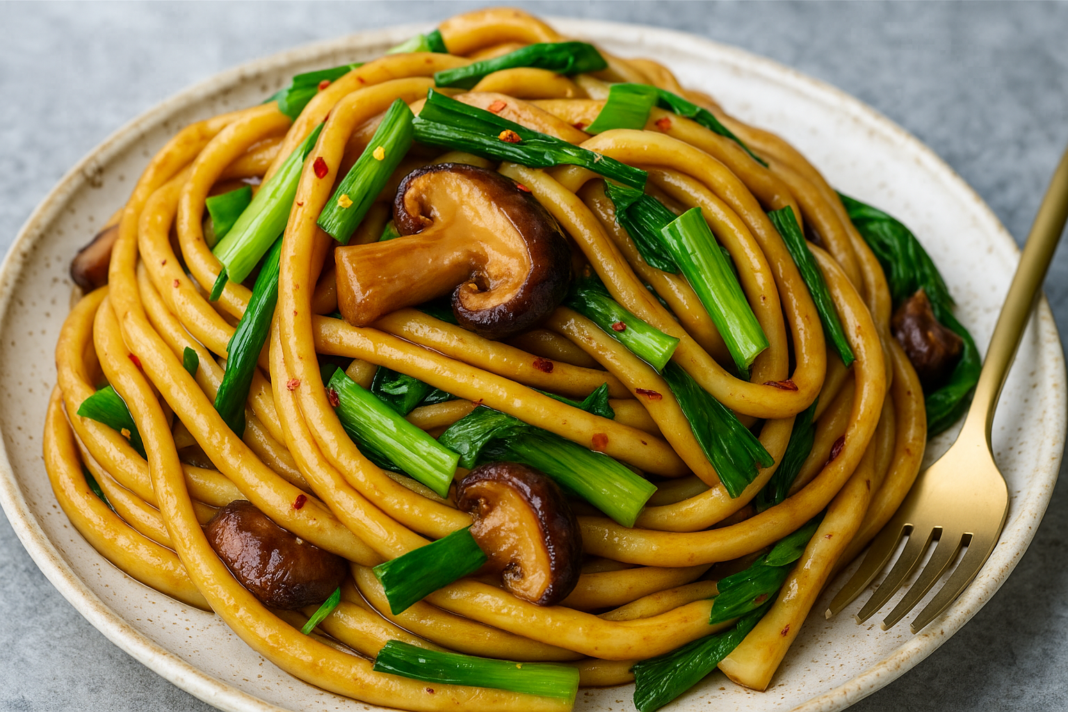 A plate of longevity noodles stir-fried with shiitake mushrooms and green vegetables, served with a golden fork.