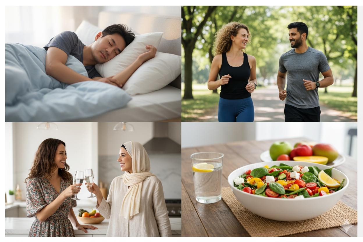 Illustration of healthy lifestyle habits for longevity, including exercise, balanced nutrition, social connections, mindfulness, and restful sleep, symbolizing a long and healthy life.