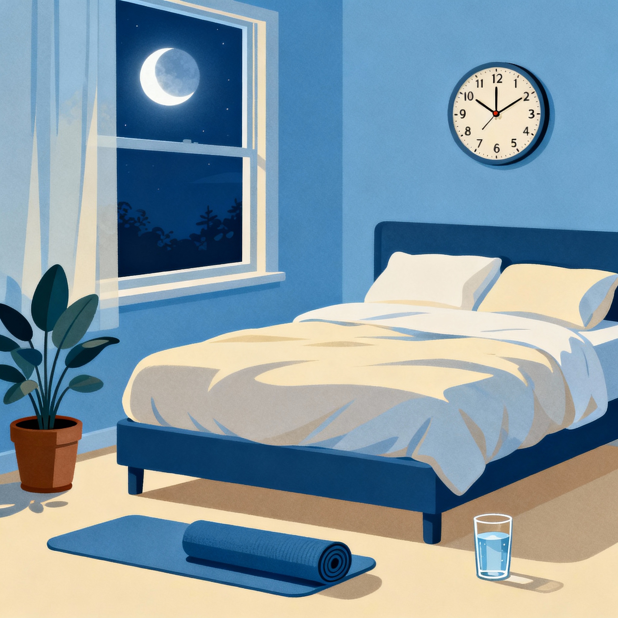 A bed at nightime, with the moon, mostly in pestel blue, to symbolise the difficulties of sleep conditions related to longevity.