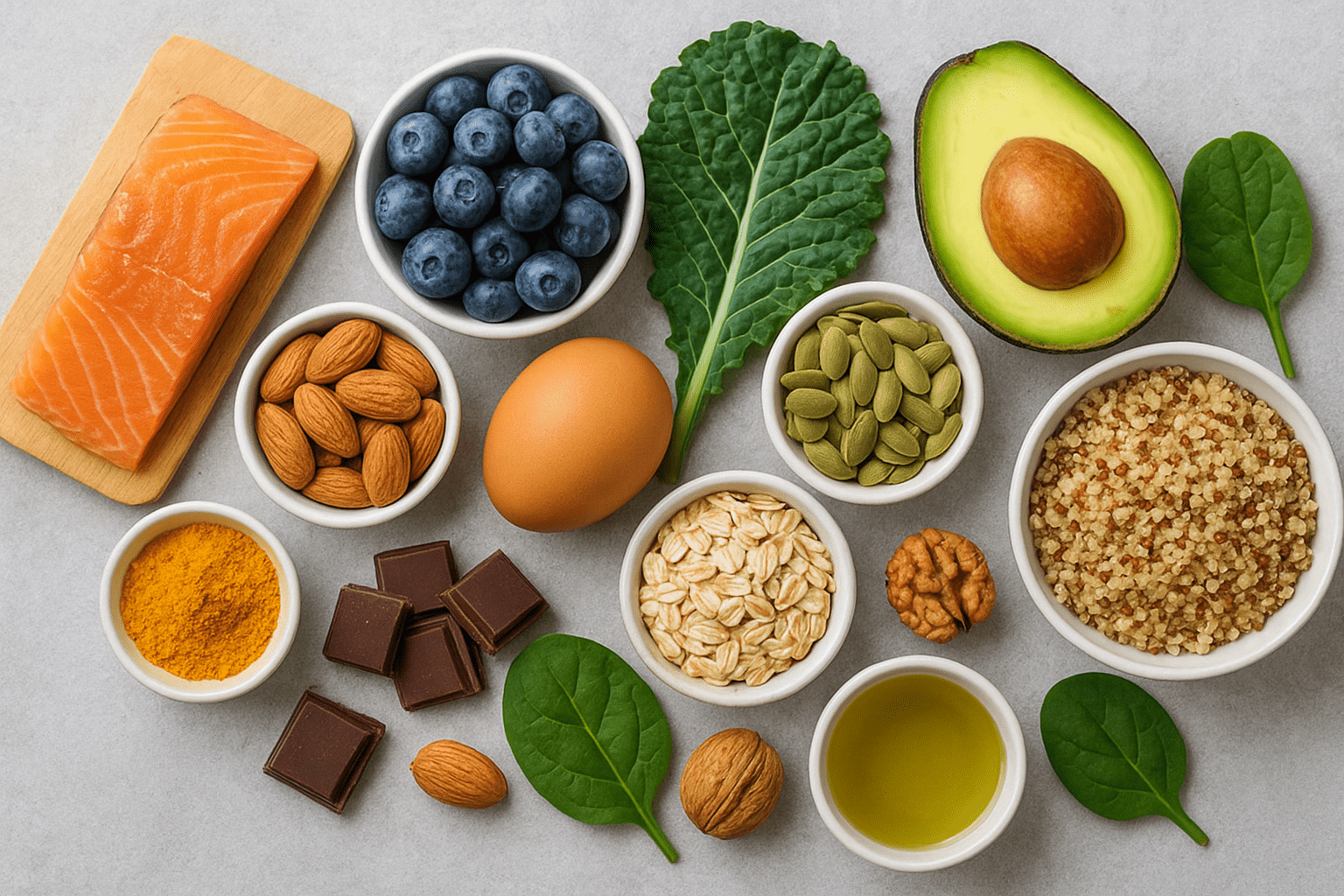 brain-boosting superfoods including salmon, blueberries, avocado, leafy greens, eggs, nuts, seeds, oats, quinoa, dark chocolate, turmeric, and olive oil.