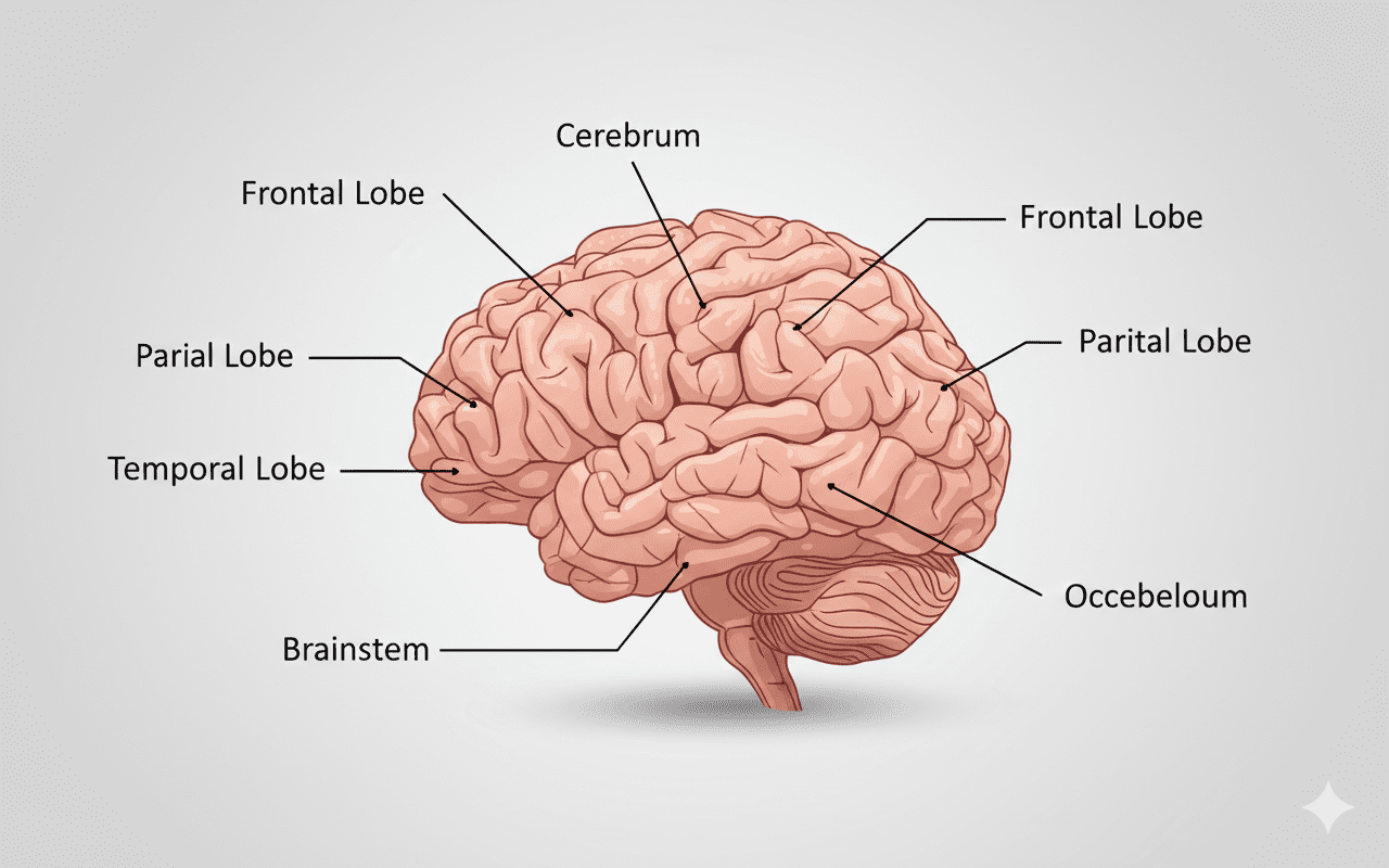 Detailed human brain anatomy illustration showing the major parts of the human brain