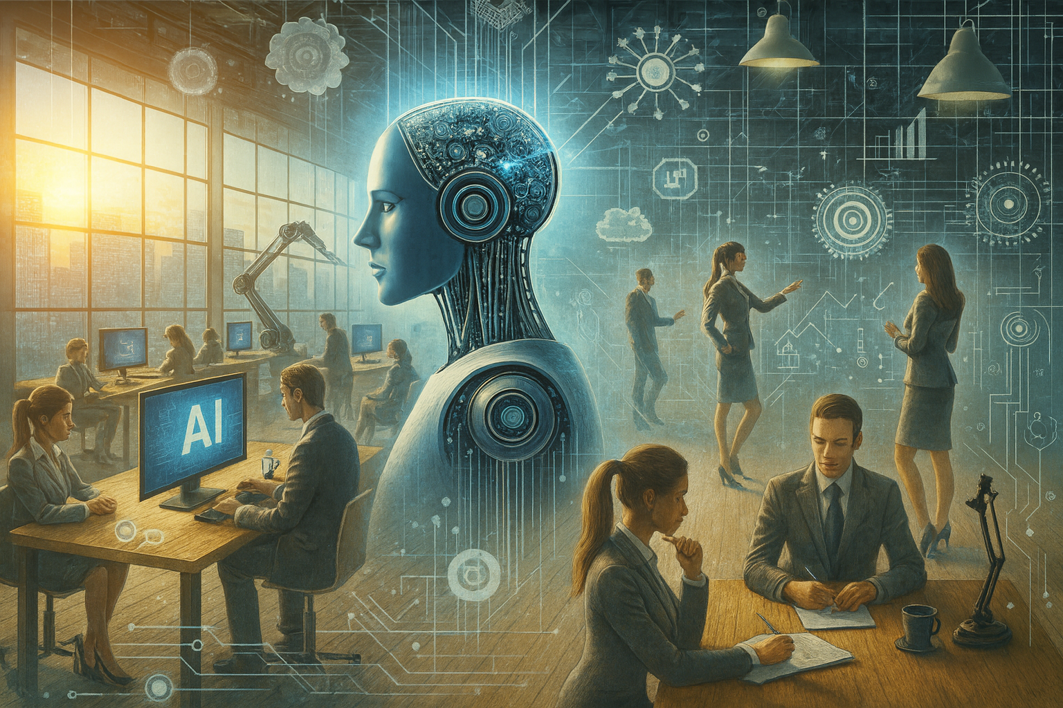 A futuristic environment with a large AI figure surrounded by human professionals working, collaborating, and using digital technologies, symbolizing the growing integration of artificial intelligence into the global workforce.
