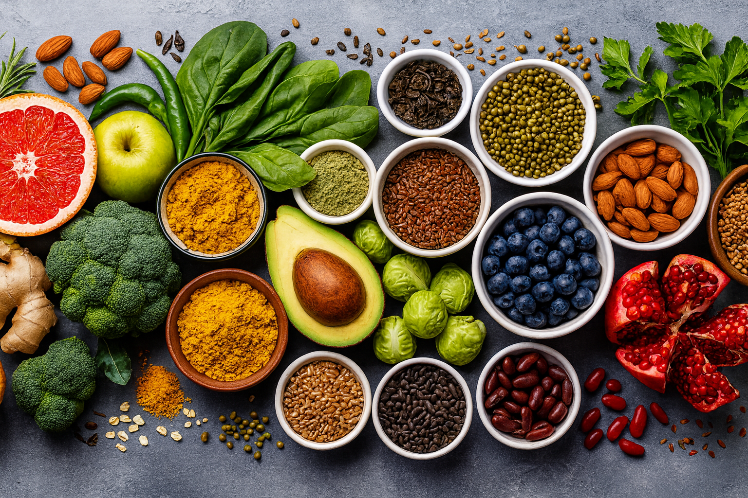 Colorful healthy foods, including fruits, vegetables, nuts, seeds, beans, and spices arranged on a dark surface that help in long term weight loss and longevity.