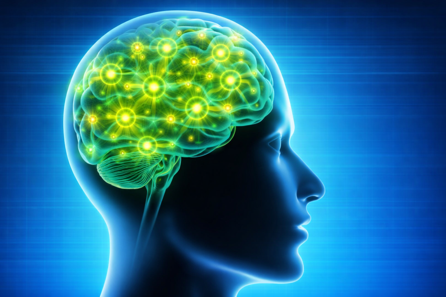 A human brain with glowing neural connections, representing natural ways to improve brain function, focus and overall health.