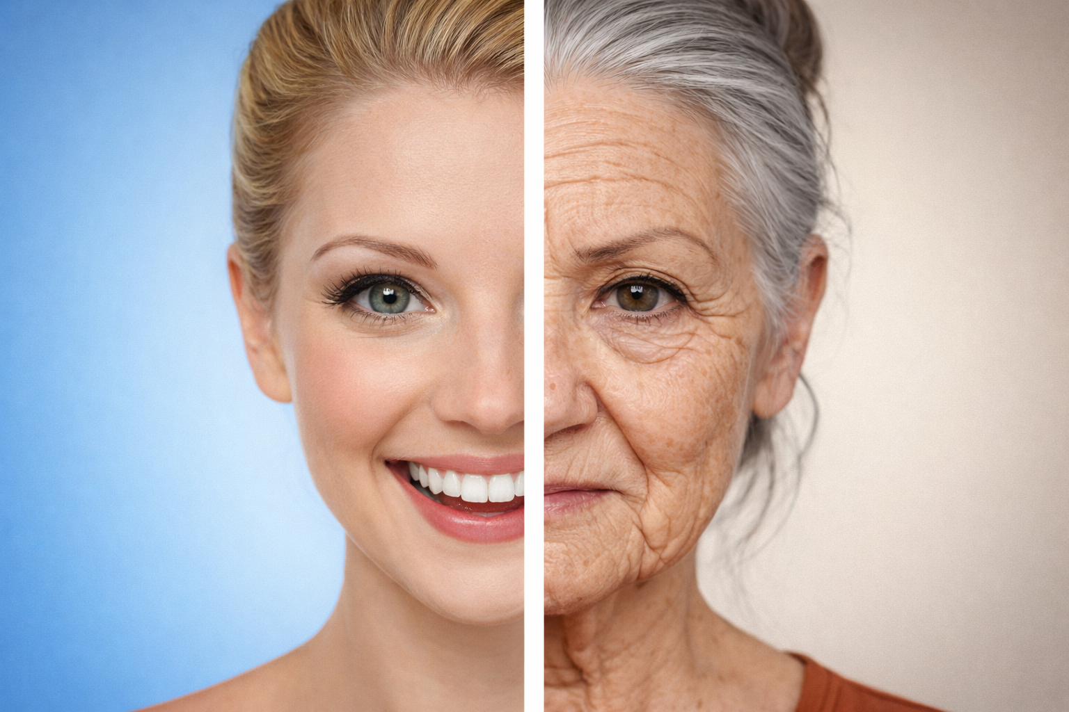 A woman showing natural aging, with one half appearing youthful and smooth and the other half showing wrinkles, gray hair, and visible signs of aging, illustrating the contrast between youth and aging.