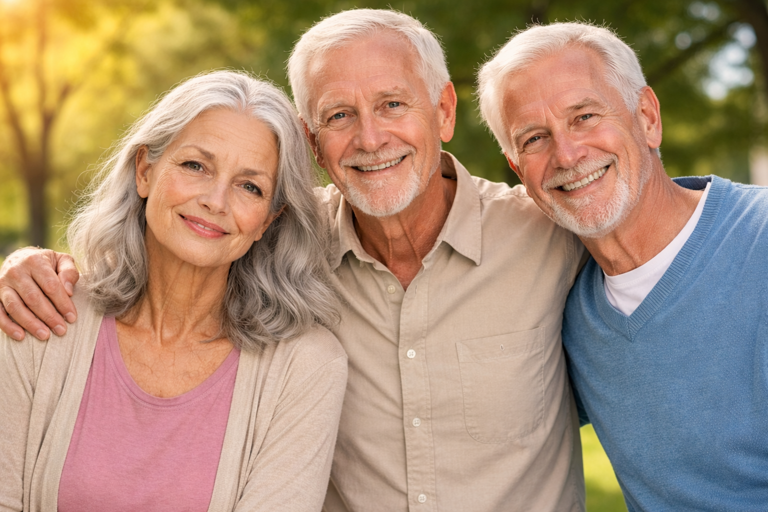 Adults smiling together outdoors, showing visible signs of aging such as wrinkles and gray hair, representing how aging affects people differently over time.