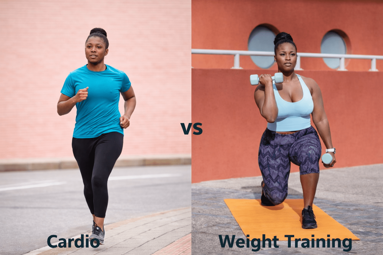 Comparing cardio exercises like running and cycling with weight training exercises such as lifting dumbbells, highlighting their benefits for longevity.