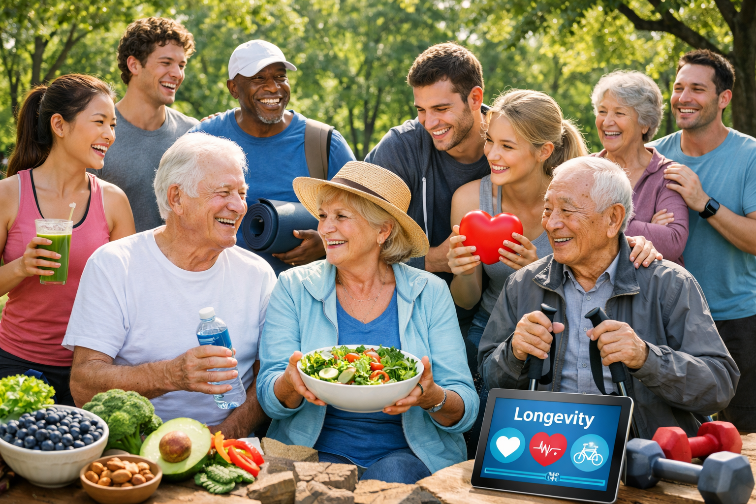 A diverse group of young and older adults smiling together outdoors, symbolizing healthy aging and the secrets of longevity.