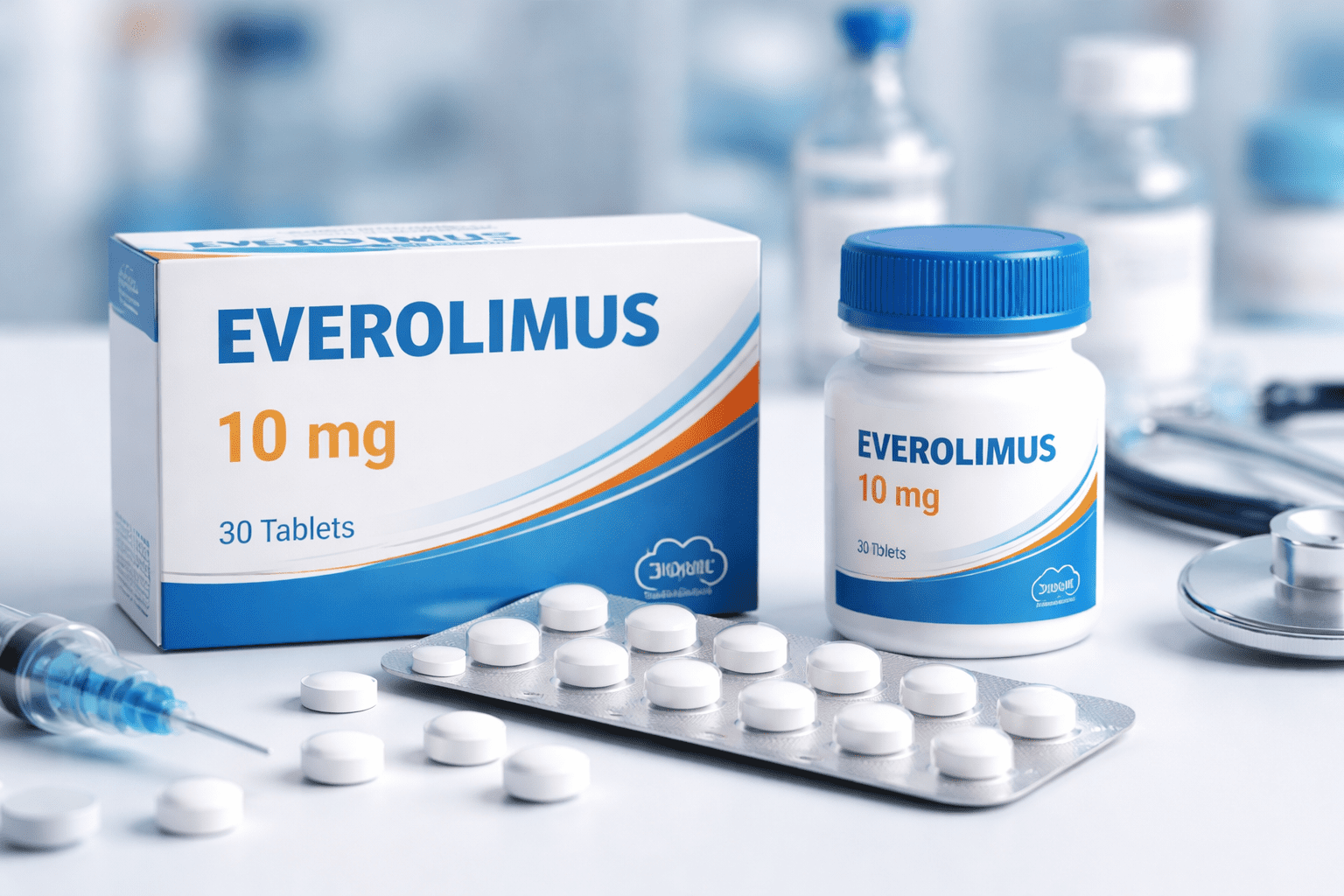 This image showing a box and bottle of Everolimus tablets alongside a blister pack and loose pills.