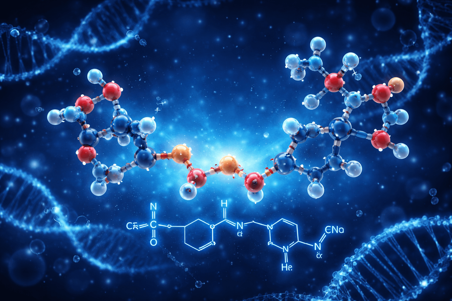 NAD⁺ molecular structure surrounded by DNA strands and cellular elements, symbolizing the gradual decline of NAD⁺ levels in aging cells due to mitochondrial dysfunction, oxidative stress, and reduced cellular repair processes.