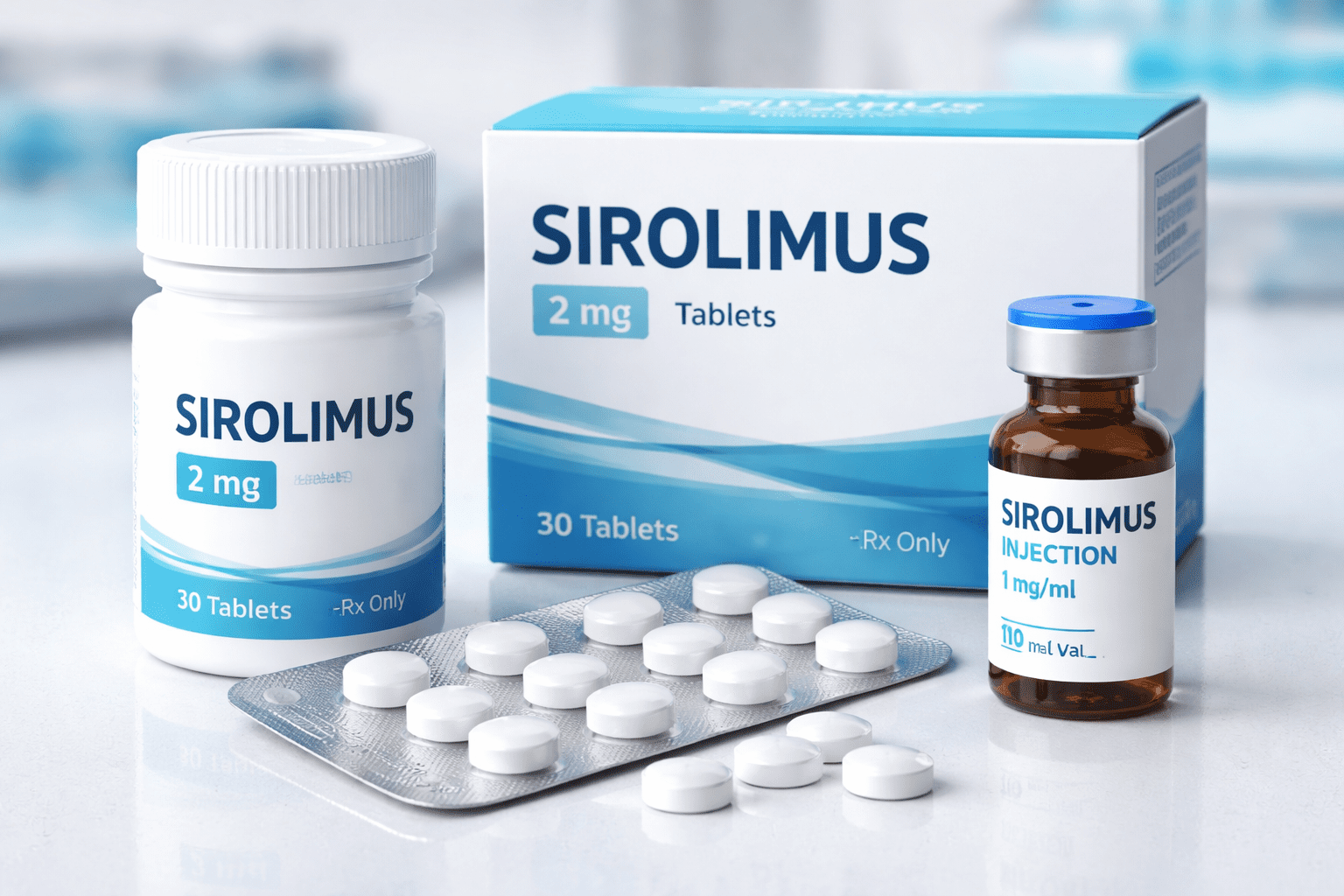 Sirolimus tablets, blister pack, and injection vial displayed with labeled medication packaging used for immune suppression and longevity research.