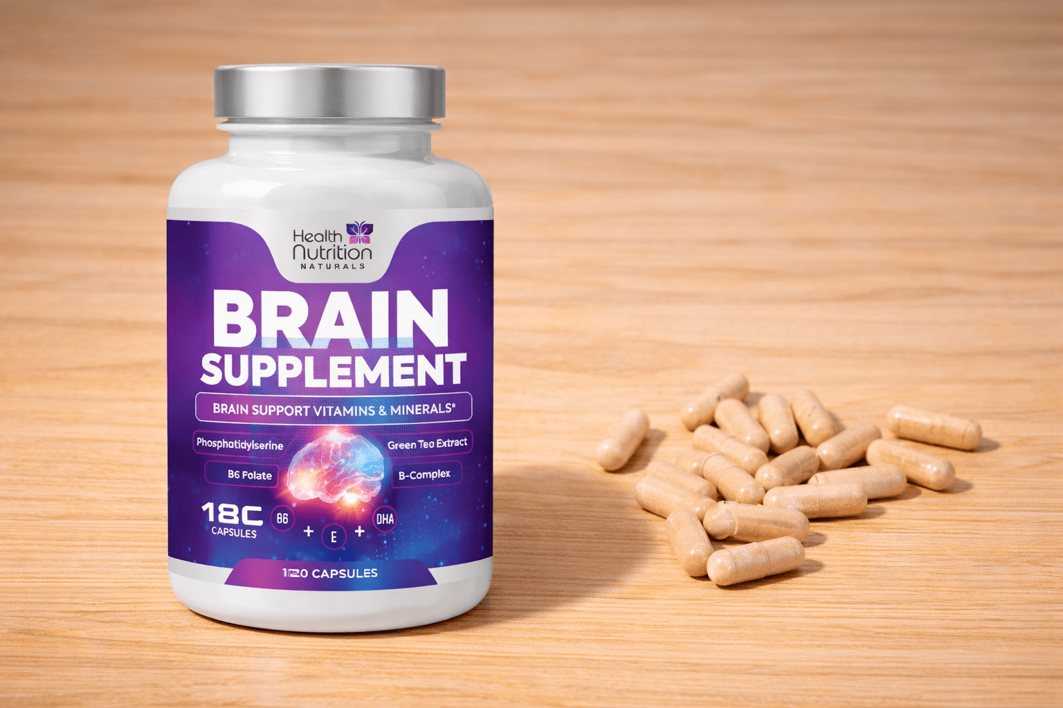 Brain supplement bottle with capsules on wooden table representing top supplements for brain health and cognitive function.