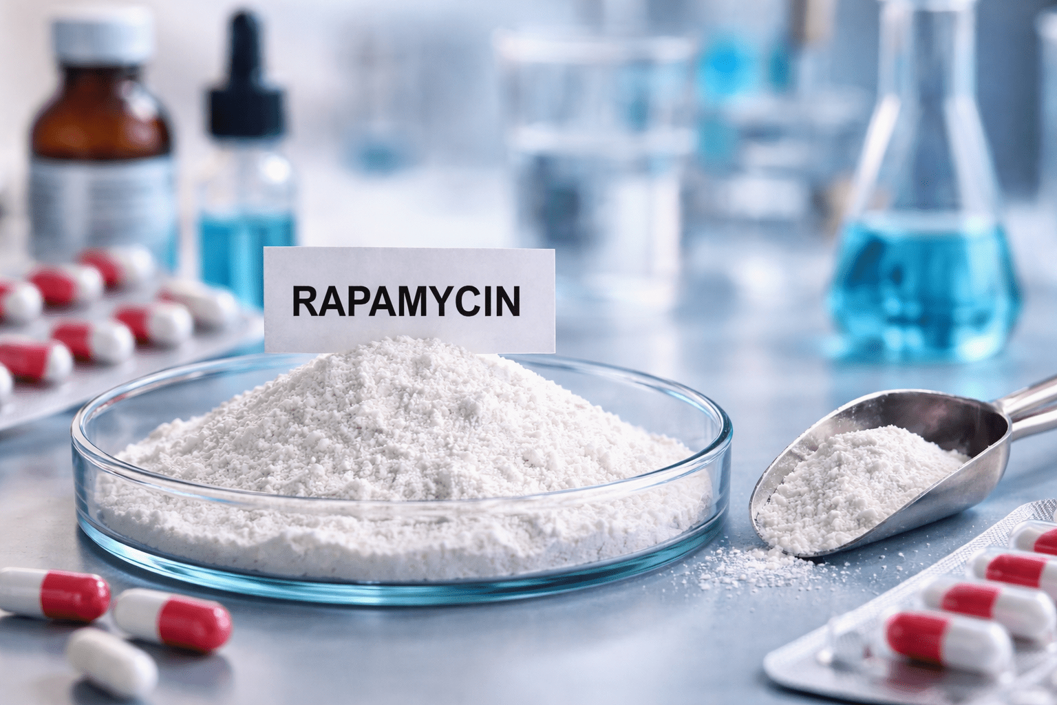 Rapamycin representing the drug used in medical research and longevity studies.