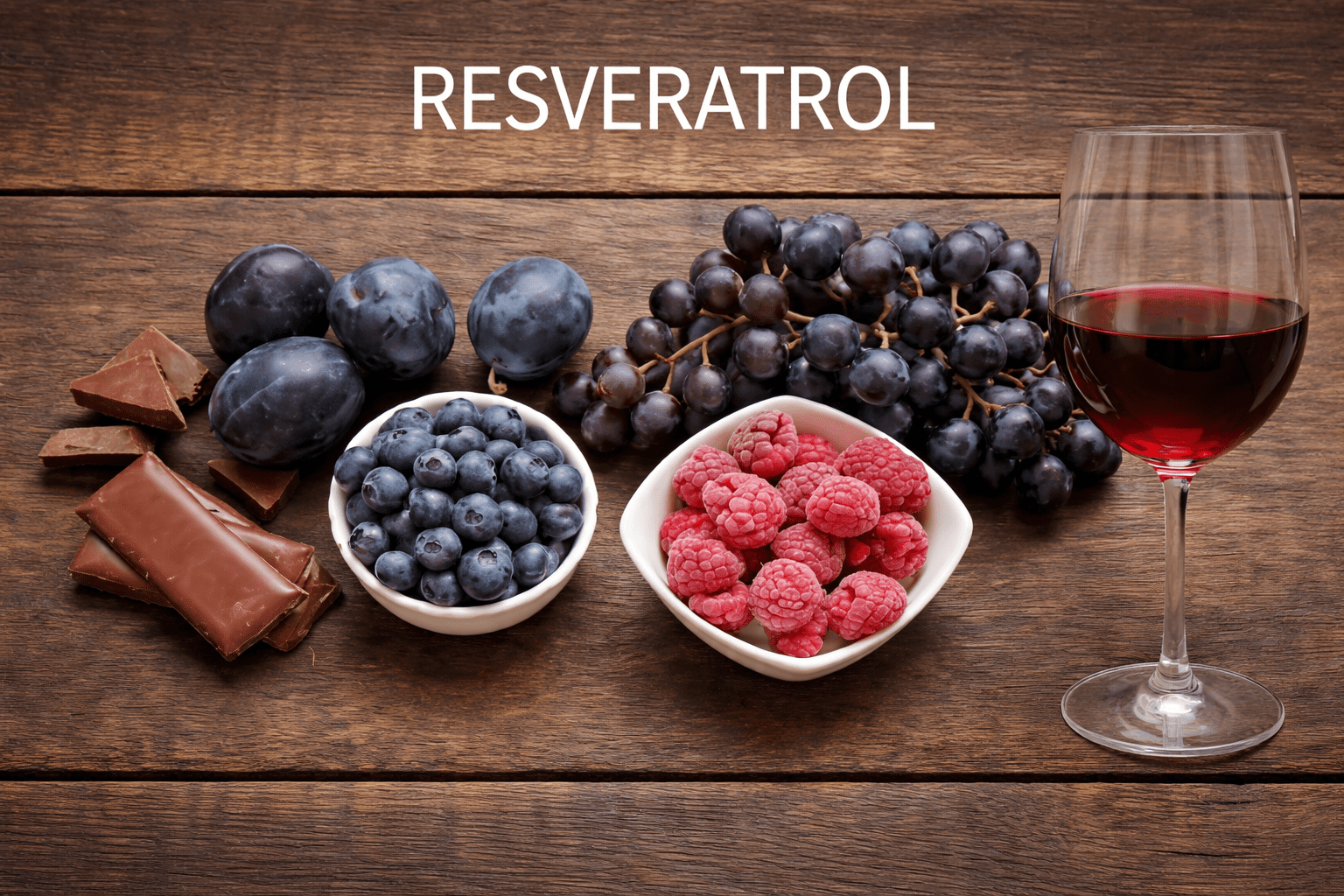 Image of resveratrol-rich foods including red grapes, blueberries, raspberries, plums, dark chocolate, and a glass of red wine.