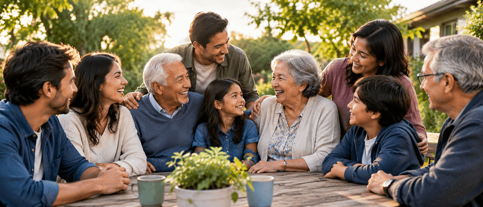 A large multigenerational group of family members representing the strong social connections commonly found among healthy and long-lived people.