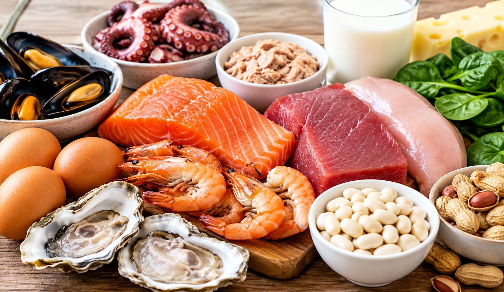 Foods high in taurine, including salmon, tuna, chicken, shrimp, oysters, mussels, eggs, and milk.Foods high in taurine, including salmon, tuna, chicken, shrimp, oysters, mussels, eggs, and milk.
