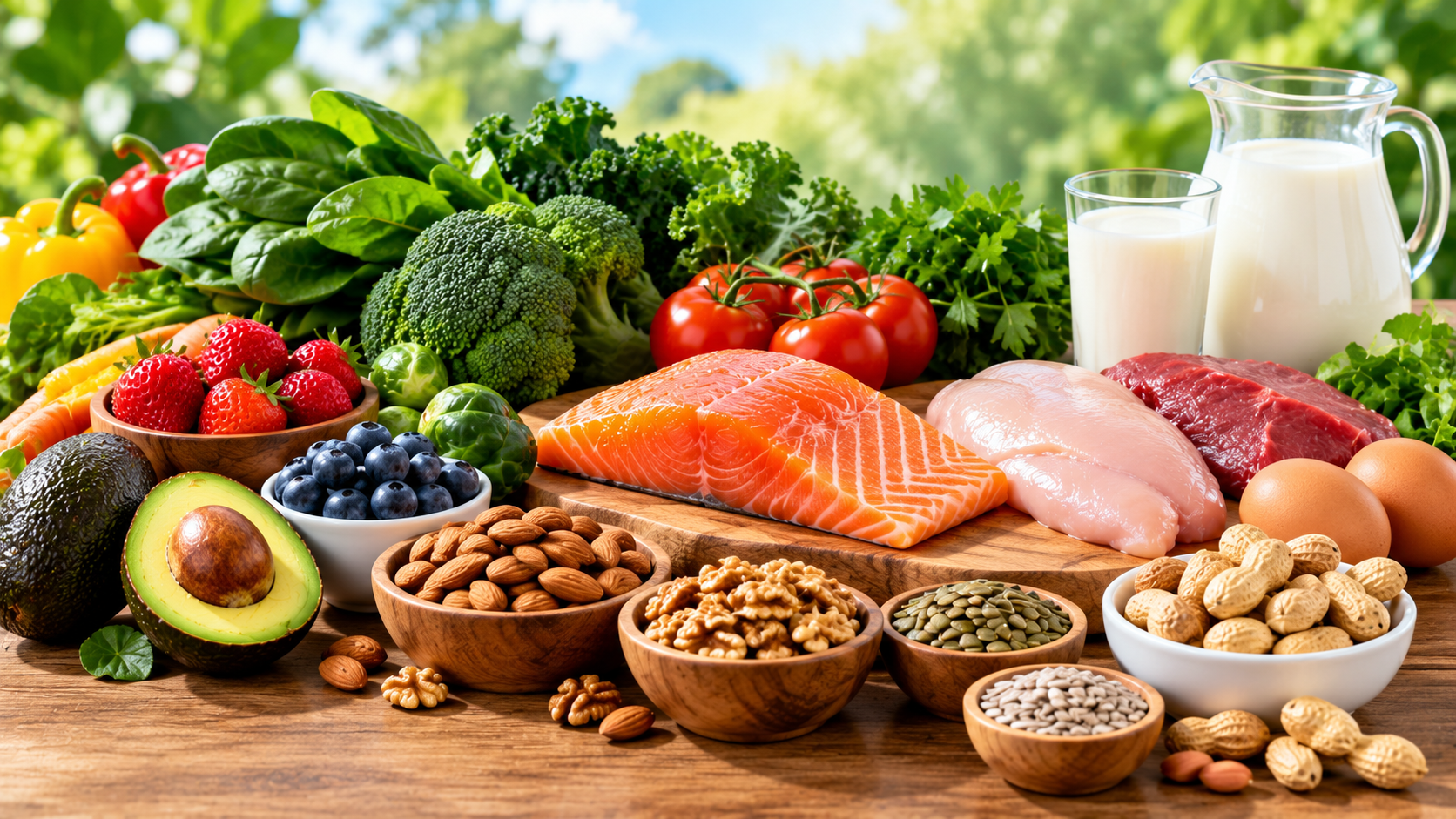 Healthy foods that may support natural NAD+ production, including meat, fish, milk, eggs, nuts, seeds, berries, and fresh vegetables.