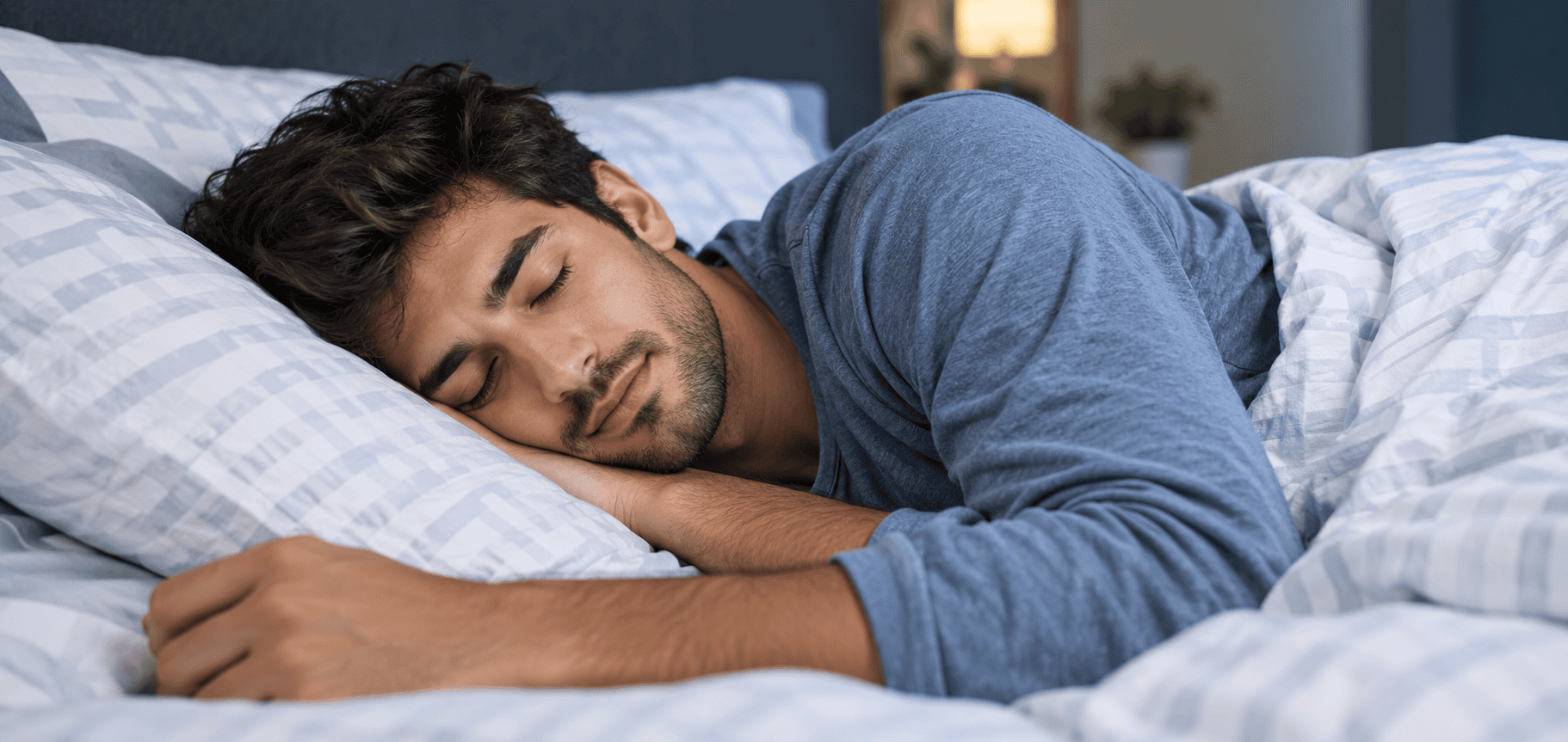 A young man sleeping peacefully in bed, highlighting the importance of quality sleep for brain health, memory, and cognitive function.